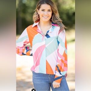 Mod boutique pink/ orange multi color geometric print